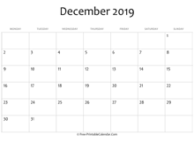 calendar december 2019 editable