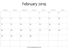 calendar february 2019 editable