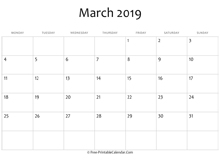 editable 2019 march calendar