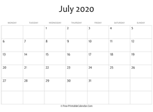 calendar july 2020 editable