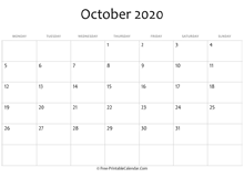 calendar october 2020 editable