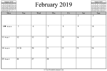 February 2019 Calendar (horizontal)