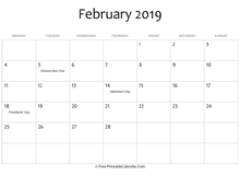 february 2019 calendar printable holidays