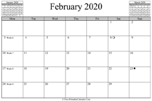 February 2020 Calendar (horizontal)