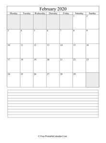 february 2020 editable calendar notes portrait