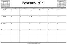 February 2021 Calendar (horizontal)
