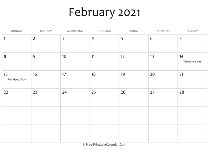 February 2021 Calendar Printable with Holidays