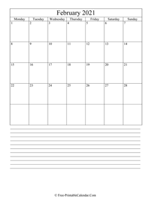 february 2021 editable calendar with notes space