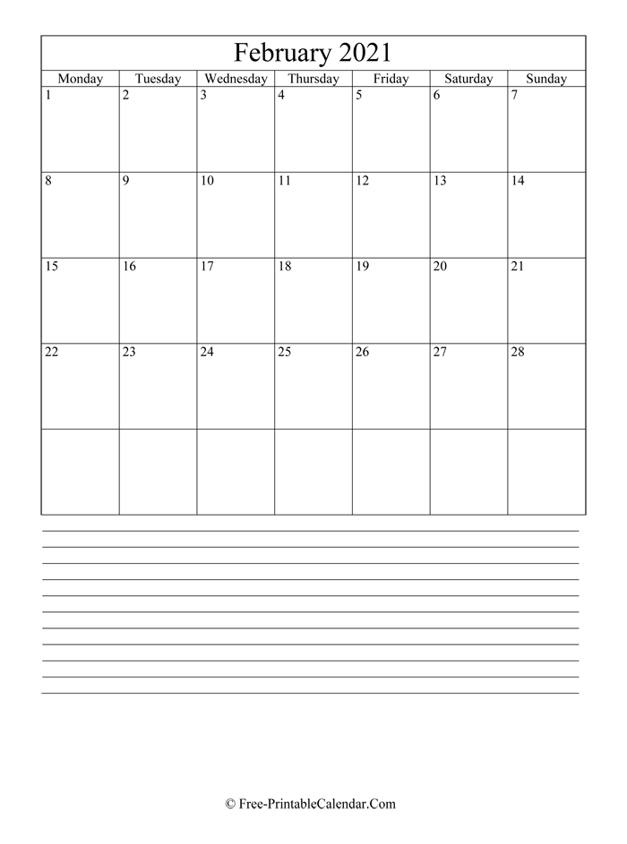 february 2021 Editable Calendar with notes
