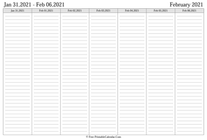 february 2021 weekly calendar landscape layout
