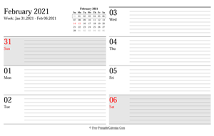 february 2021 weekly calendar planner landscape layout