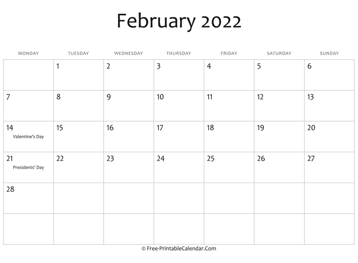 February 2022 Calendar Printable with Holidays