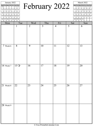 february 2022 calendar vertical
