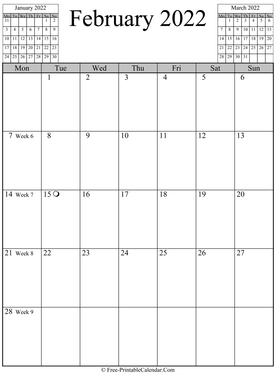 february 2022 Calendar (vertical layout)