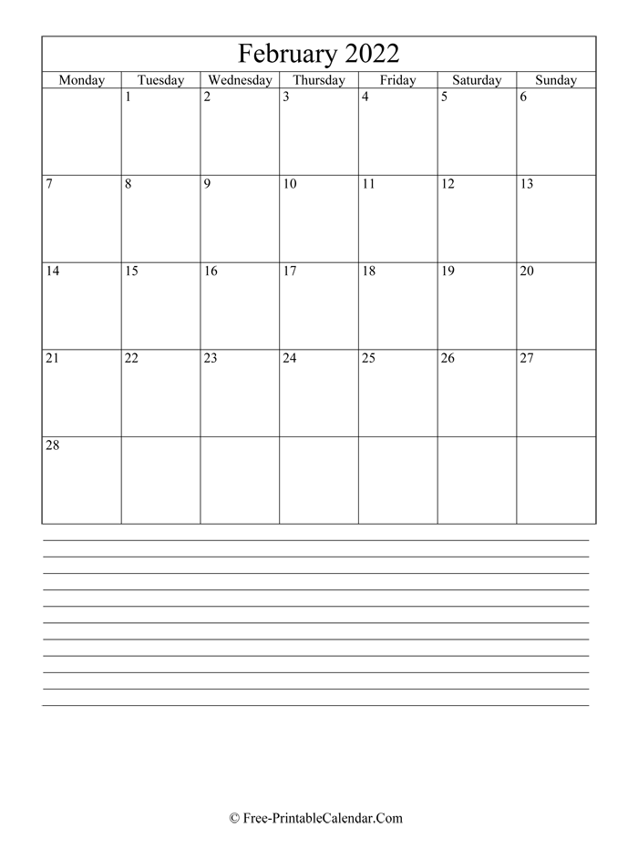 february 2022 Editable Calendar with notes