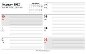 february 2022 weekly calendar planner landscape layout