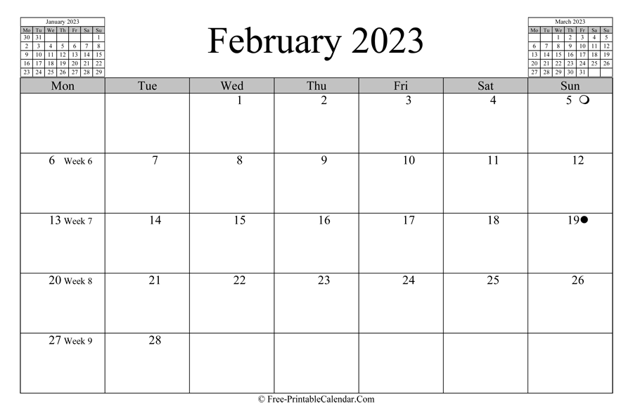 february 2023 Calendar (horizontal layout)