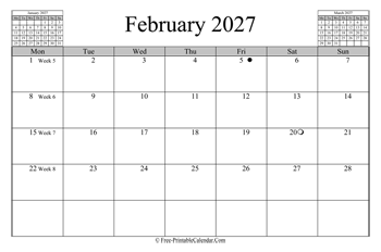 February 2027 Calendar (horizontal)