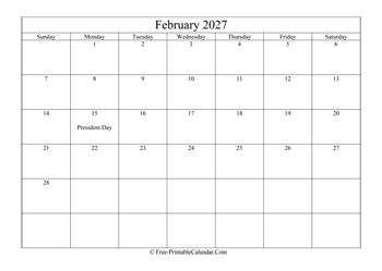 february 2027 calendar printable with holidays