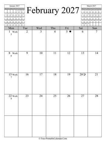 february 2027 calendar vertical