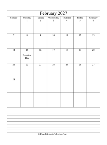 february 2027 editable calendar with notes space