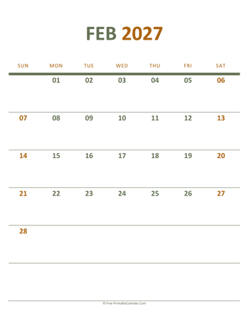 february 2027 printable calendar