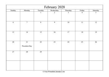 february 2028 calendar printable with holidays