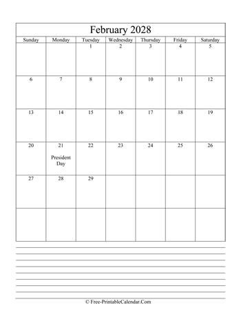 february 2028 editable calendar with notes space