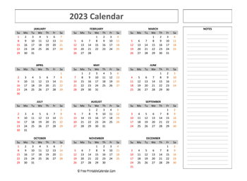 free printable calendar 2023 with notes