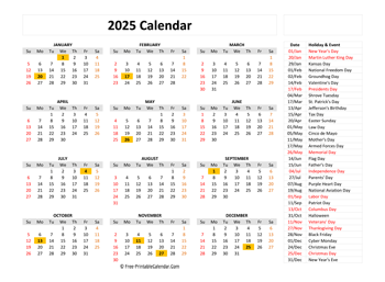 free printable calendar 2025 with holidays