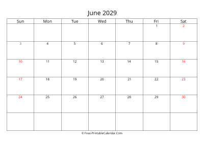 Printable Calendar June 2029