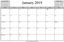 January 2019 Calendar (horizontal)