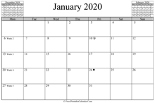 january 2020 calendar horizontal