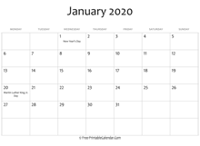 january 2020 calendar printable with holidays