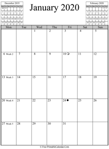 january 2020 calendar vertical