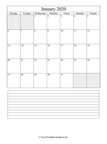 january 2020 editable calendar notes portrait