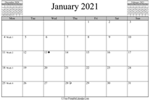 January 2021 Calendar (horizontal)