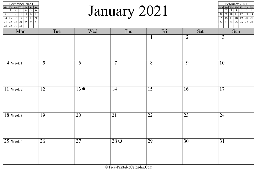 january 2021 Calendar (horizontal layout)