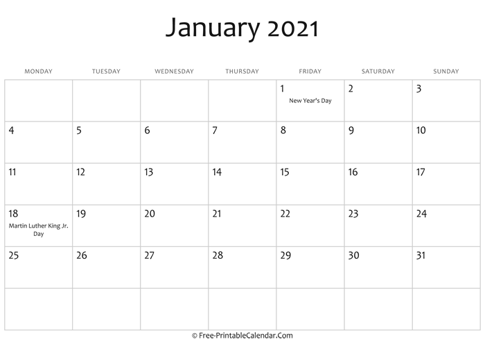 January 2021 Calendar Printable with Holidays