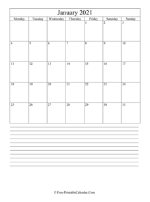 january 2021 editable calendar notes portrait