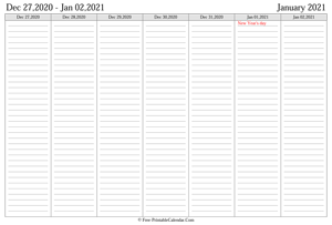 january 2021 weekly calendar landscape layout