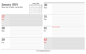 january 2021 weekly calendar planner landscape layout