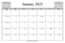 january 2023 calendar horizontal