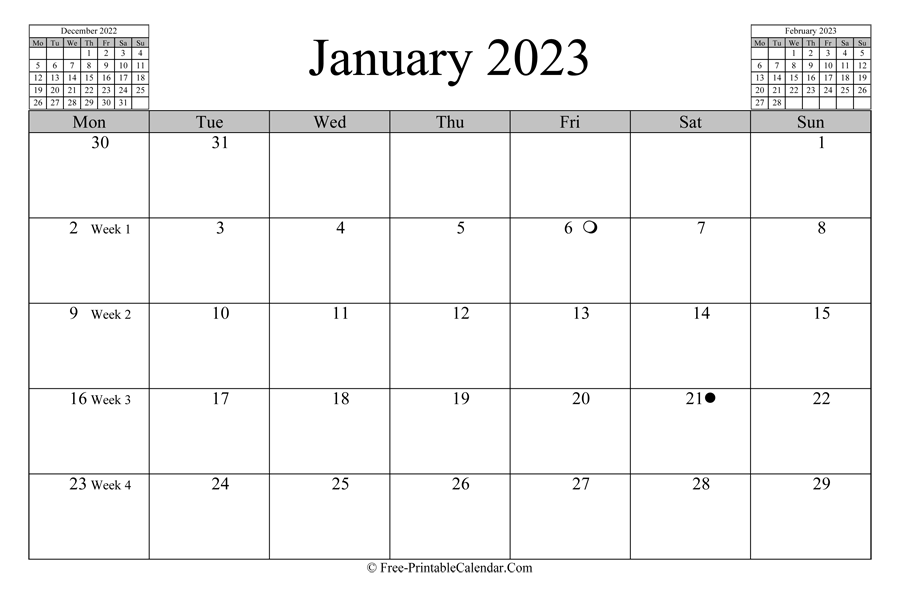january 2023 Calendar (horizontal layout)