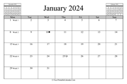 january 2024 calendar horizontal