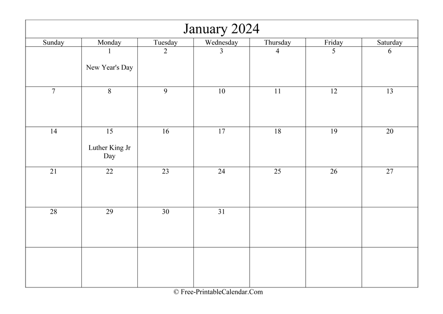 January 2024 Calendar Printable with Holidays