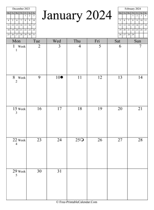 january 2024 calendar vertical