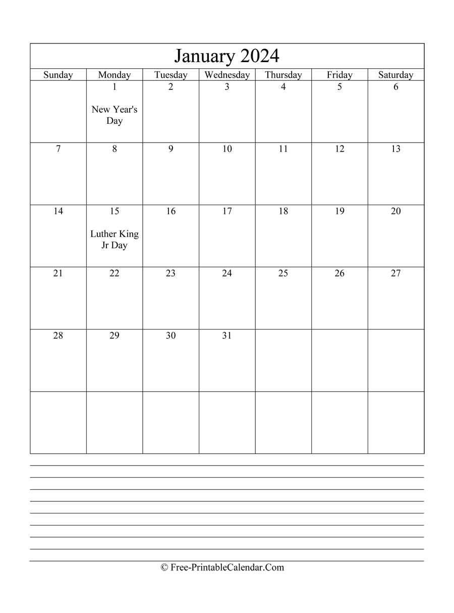 January 2024 Editable Calendar with notes