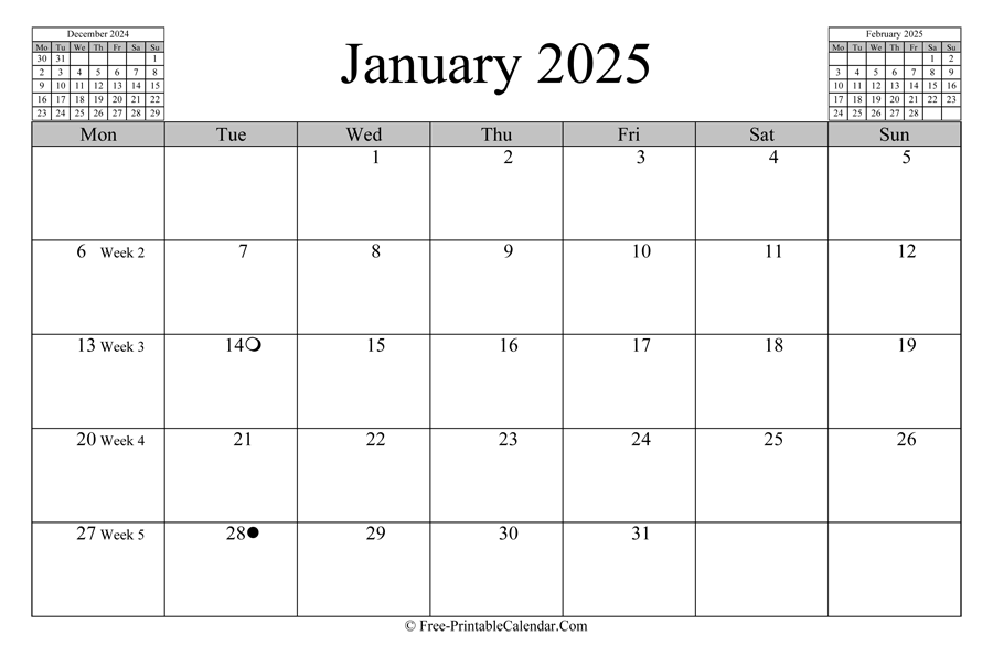 january 2025 Calendar (horizontal layout)