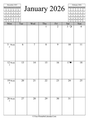january 2026 calendar vertical